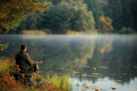 A lone fisherman casts his line into a tranquil lake, surrounded by autumn foliage and mist.の写真素材