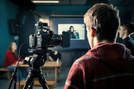 A person operates a camera in a studio during a video interview with a remote participant on a screen.の写真素材