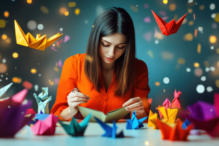 A woman in an orange shirt focuses on folding paper while vibrant origami figures float around her.の写真素材