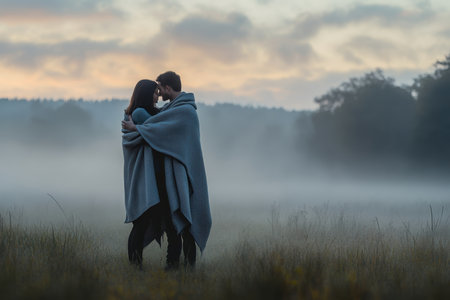 Two individuals hold each other closely in a misty field at dawn, creating an intimate atmosphere.の写真素材