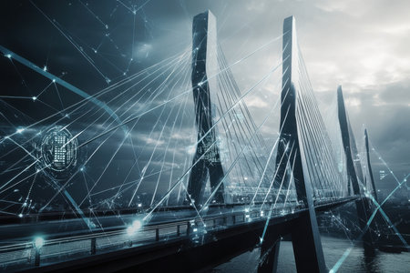 Suspension bridge features illuminated cables and a digital overlay in a cloudy evening setting.の写真素材