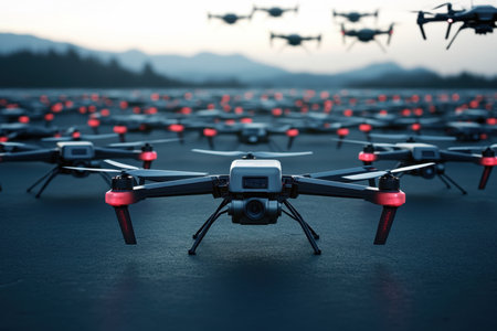 A large group of drones is lined up on a runway as the sun sets over the horizon, showing advanced technology.の写真素材