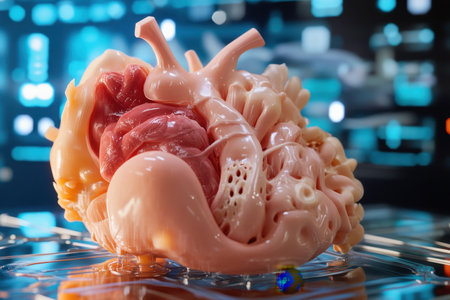 This anatomical model shows a human heart and related structures, highlighting their complexity and connections.の写真素材