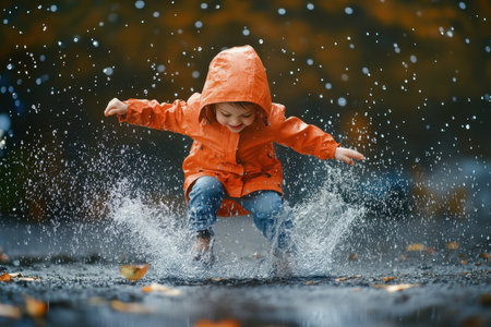A child in an orange rain jacket jumps into a puddle, creating splashes in a rainy environment with fallen leaves.の写真素材