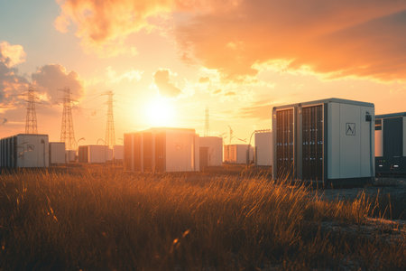 Sunlight casts a warm glow on energy storage units against a vibrant sky, highlighting rural energy infrastructure.の写真素材