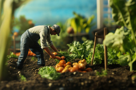A gardener collects freshly grown vegetables from the rich soil in a lively garden setting.の写真素材