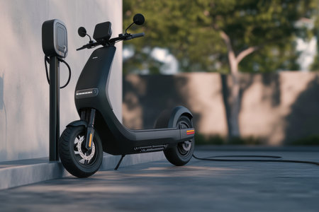 A sleek electric scooter charges by a wall in a sunny urban setting, highlighting innovation.の写真素材