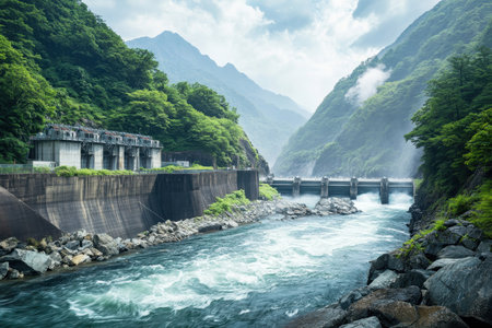 A powerful river cascades near a hydroelectric facility nestled between green hills under cloudy skies.の写真素材