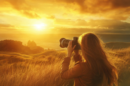 A woman stands in tall grass, photographing a vibrant sunset by the ocean, surrounded by scenic cliffs.の写真素材