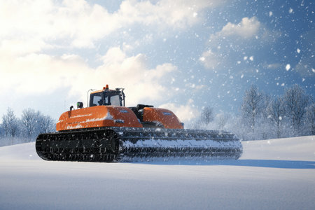 Heavy snow vehicle clears snow-covered terrain during a cold winter day in a rural area.の写真素材