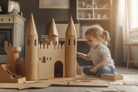 A young child enjoys crafting a cardboard castle with towers, surrounded by toys in a warm, sunlit room.の写真素材