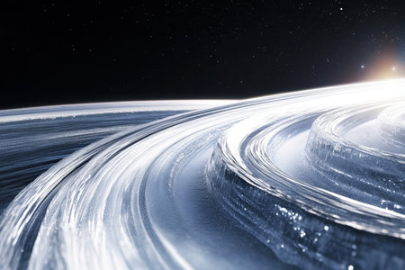 Explore the intricate beauty of Saturn's rings illuminated by sunlight, floating in the vast cosmic expanse.の写真素材