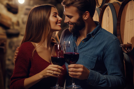 Two people share an intimate moment holding glasses of red wine in a cozy winery cellar.の写真素材