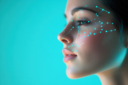Digital points illustrate facial features on a woman's profile against a vibrant blue background at night.の写真素材