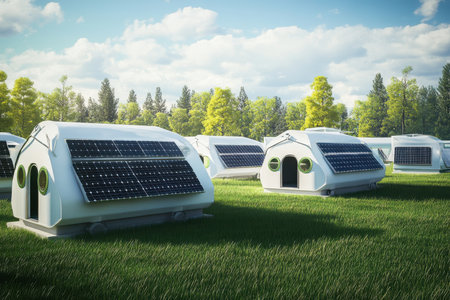 Modern solar-powered homes are showcased in a lush green area under a bright blue sky.の写真素材