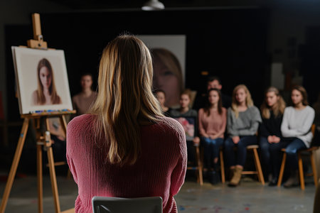 A group of students attentively observes a model while an artist captures her likeness on canvas.の写真素材