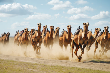 A herd of camels gallops through a dusty landscape, their riders enjoying the excitement of the race.の写真素材