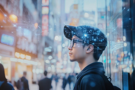 A young man stands in a busy urban area, contemplating as digital effects visually enhance the surroundings.の写真素材