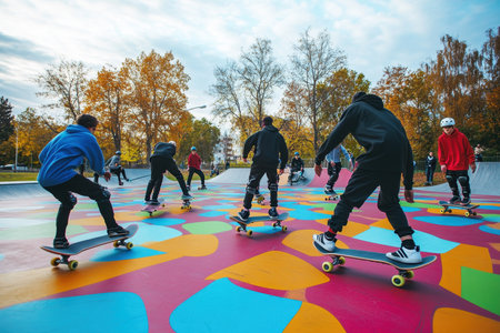 Groups of young skateboarders showcase their skills in a colorful park under autumn trees.の写真素材