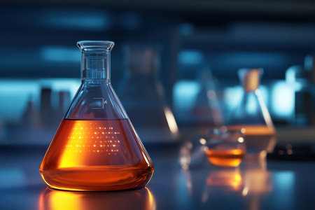 Bright orange liquid sits in glass containers on a lab surface, illuminated by soft lighting in the background.の写真素材