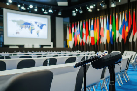 Rows of seats are arranged for a conference, with flags displayed and a presentation screen ready.の写真素材