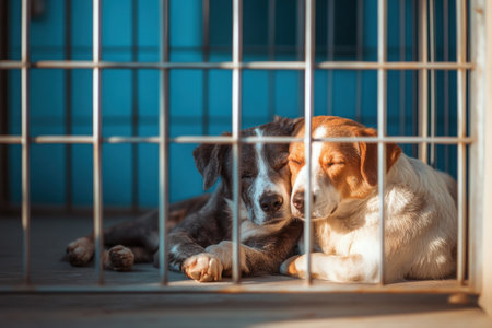Two dogs snuggle together in a shelter kennel, enjoying the warm sun and comfort of companionship.の写真素材