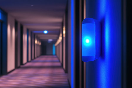 Soft blue lights glow along the modern hotel corridor, enhancing the tranquil nighttime ambiance for guests.の写真素材