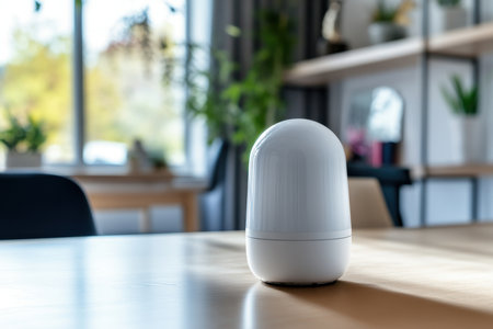 A sleek white smart device sits on a wooden table surrounded by indoor plants in a cheerful workspace.の写真素材