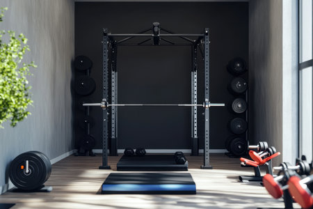 A stylish home gym features a squat rack, free weights, and mats, designed for effective workouts and fitness.の写真素材