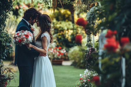 A couple shares a tender moment in a blooming garden, surrounded by flowers and greenery, celebrating their love.の写真素材