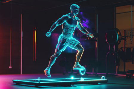 A fit athlete performs an explosive jump while training in a gym, surrounded by neon lighting effects.の写真素材