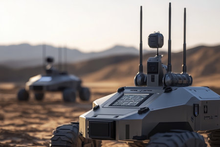 Two advanced robotic vehicles traverse a vast desert area under the warm light of sunset, showcasing technology.の写真素材