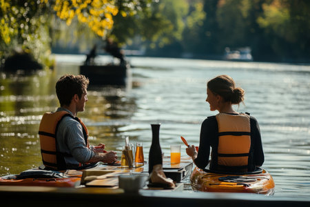 Friends sit next to a river adorned with trees, enjoying drinks and snacks after kayaking on a sunny day.の写真素材