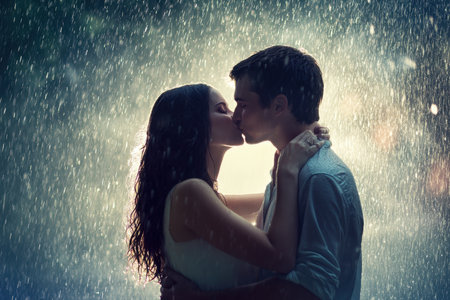 A loving couple shares a passionate kiss in the rain, illuminated by a gentle light, creating a magical moment.の写真素材