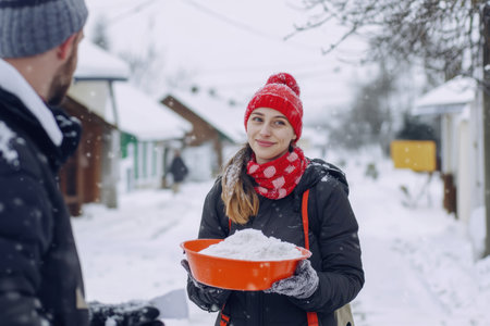 In a snowy village, a cheerful young woman holds a bowl of snow, surrounded by cozy homes and trees.の写真素材