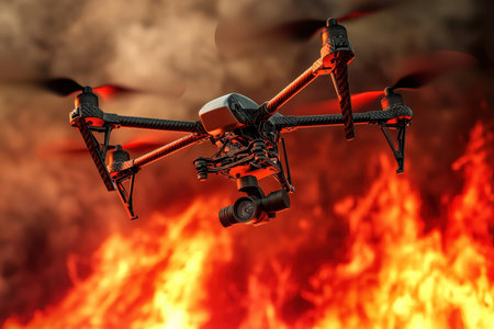 A drone captures data above a blazing wildfire in a remote forest, surrounded by thick smoke and flames.の写真素材