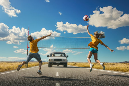 Two athletes jump to play volleyball on a deserted road with a car approaching in the background.の写真素材