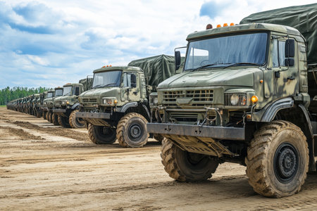 A fleet of military trucks positioned on a dirt road, ready for deployment during a training exercise in daytime.の写真素材