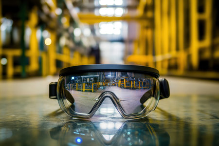 Clear safety goggles are placed on a reflective surface in a vibrant industrial area, showcasing machinery.の写真素材