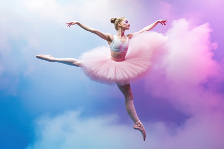 A talented ballet dancer showcases her skills in a graceful leap among vibrant, colorful clouds.の写真素材