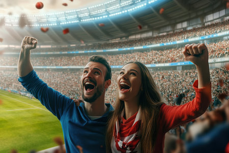 Excitement fills the air as two fans cheer joyfully, celebrating a thrilling victory at a soccer match.の写真素材