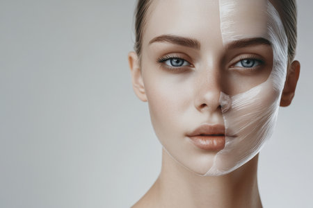 A model showcases a unique skincare treatment with part of her face wrapped, highlighting beauty and innovation.の写真素材