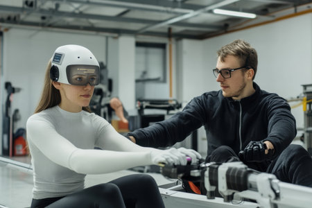 A coach assists an athlete during a rowing training session in a modern facility.の写真素材