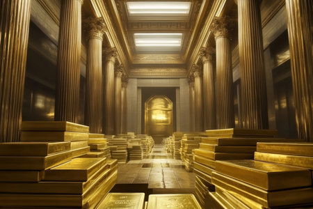 A grand room filled with stacked gold bars, exuding opulence, highlighted by impressive columns and soft lighting.の写真素材