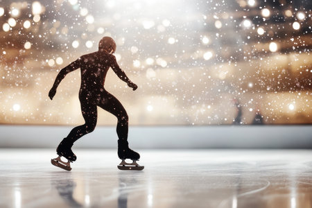 A solitary skater glides across the ice, surrounded by swirling snowflakes and a sparkling arena.の写真素材