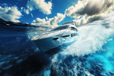A sleek yacht glides across sparkling turquoise waters, creating splashes as it moves swiftly beneath a bright sky.の写真素材