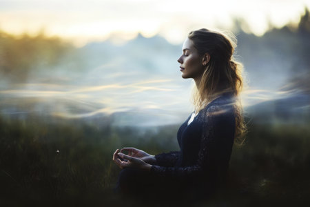 A woman sits peacefully in a foggy field, meditating as the sun rises behind trees.の写真素材