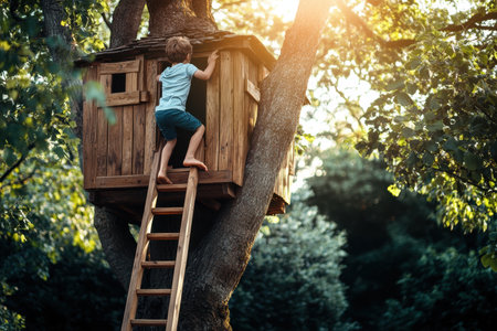 A young boy is climbing up a ladder to reach his treehouse surrounded by greenery during golden hour.の写真素材