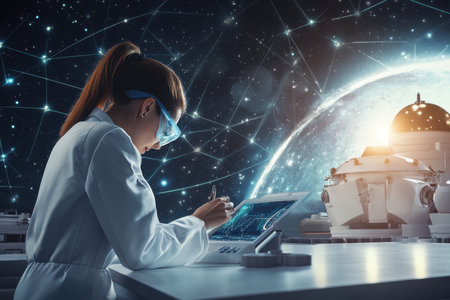 A dedicated scientist in a lab coat studies data on a tablet while surrounded by a celestial landscape.の写真素材