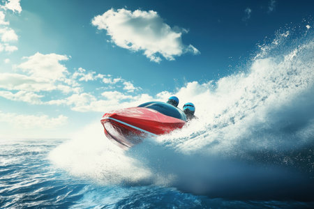 Two riders enjoy an exhilarating jet ski ride, skimming over the water with splashes and foam all around.の写真素材